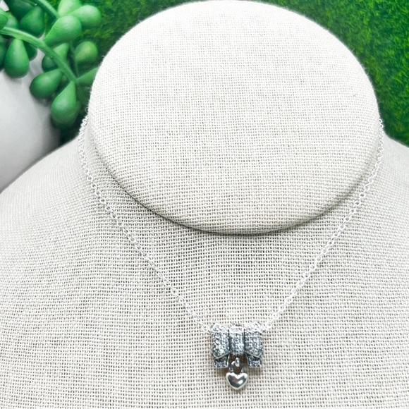 NWOT Sterling silver pave bow with dangling heart charm pendant necklace 18” - Picture 3 of 9